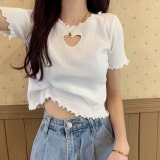 Short-sleeve Heart-cutout Frill Trim Cropped T-shirt