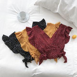 Short-sleeve Polka Dot Ruffled Ribbon Cropped Chiffon Top