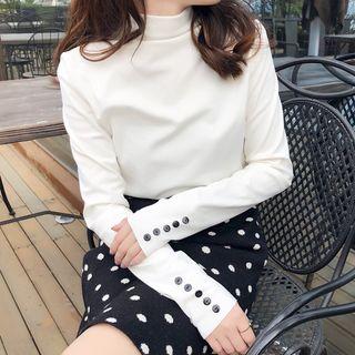 Mock Turtleneck Buttoned Long-sleeve Top