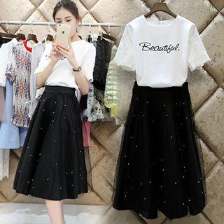 Set: Lettering Short-sleeve T-shirt + Embellished Midi Skirt