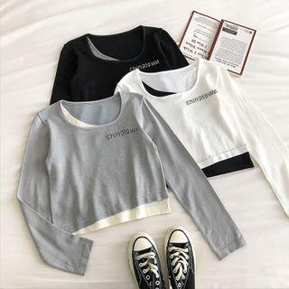 Mock Two-piece Lettering Crewneck Long-sleeve Knit Top