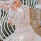 Buttoned Long-sleeve Midi A-line Lace Dress