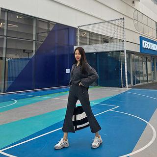 Ribbed Knit Hoodie & Boot-cut Pants Set