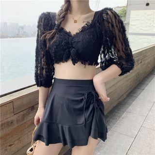 Set : Lace Trim Swimsuit + Drawstring Swim Skirt Black - One Size