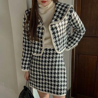 Set: Piped Houndstooth Cropped Jacket + Miniskirt