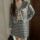 Set: Piped Houndstooth Cropped Jacket + Miniskirt