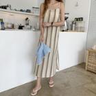 Stripe Sleeveless Long Dress & Sash Light Beige - One Size