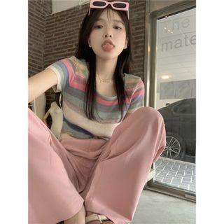 Short-sleeve Striped Knit Top / Pants