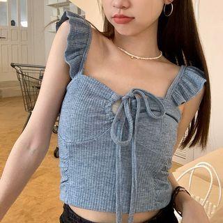 Ruffle Trim Cropped Camisole Top Gray - One Size