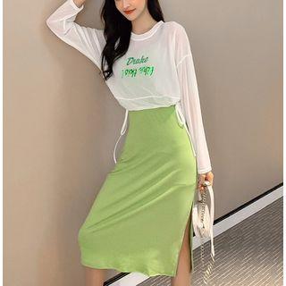 Set: Plain Spaghetti Strap Midi Dress + Lettering Long-sleeve Mesh Top