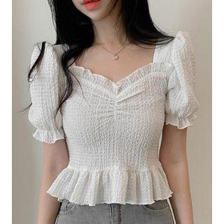 Square Neck Puff Short Sleeve Chiffon Ruffle Crop Top