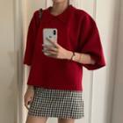 Collared Elbow-sleeve Knit Top / Gingham Mini Straight-fit Skirt