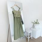 Sleeveless Plaid-panel Drawstring Midi Dress
