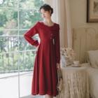 Square Neck Button-accent Long Sleeve Dress