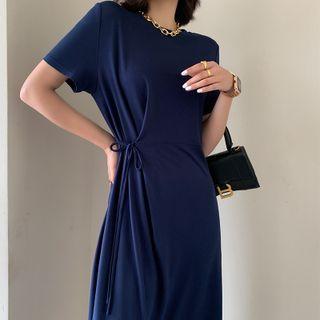 Short-sleeve Drawstring Knit Midi Dress