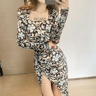 Long-sleeve Print Velvet Dress