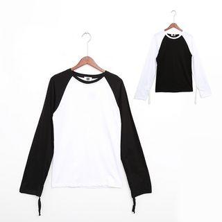 Long-sleeve Contrast-color Lace-up T-shirt