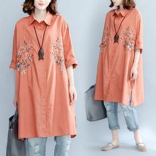Elbow-sleeve Floral Embroidered Tunic Shirt