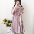 Short-sleeve Bow A-line Dress Pink - One Size