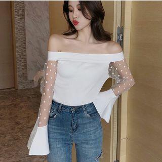Off-shoulder Mesh Panel Knit Top