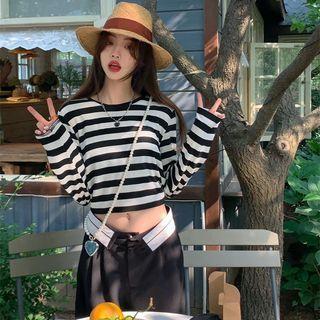 Long-sleeve Striped Crop T-shirt Stripes - Black & White - One Size