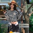 Long-sleeve Striped Crop T-shirt Stripes - Black & White - One Size