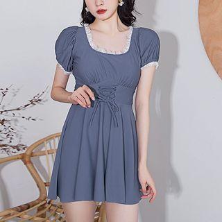 Set: Short-sleeve Lace-up Swimdress + Bottom