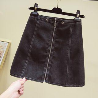 Zip-front Mini A-line Denim Skirt