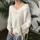Distressed V-neck Chunky Knit Sweater