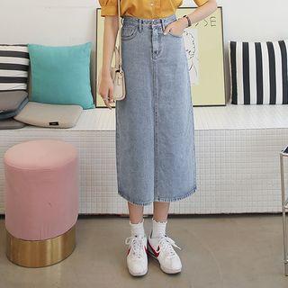 Slit-back Long Denim Skirt