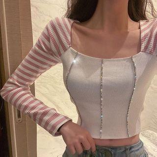 Color-block Striped Square-neck Long-sleeve T-shirt White - One Size