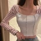 Color-block Striped Square-neck Long-sleeve T-shirt White - One Size