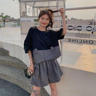 Set : Color Block Panel Short-sleeve T-shirt + Wide-leg Shorts