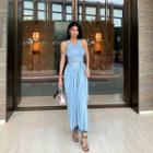 Set : Plain Sleeveless Top + Pleated Lace-up Skirt