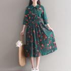 3/4-sleeve Collared Floral Pleated Midi Dress