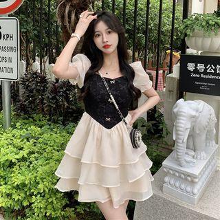 Short-sleeve Two-tone Tiered Mini A-line Dress