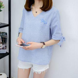 Bow Embroidered Striped Elbow Sleeve T-shirt