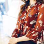 Ruffle-sleeve Patterned Chiffon Blouse