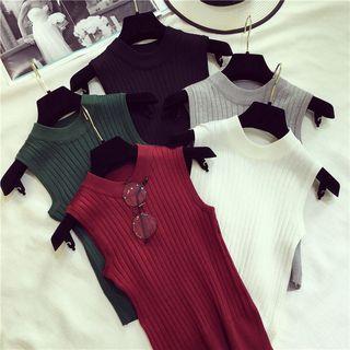 Mock Collar Sleeveless Rib-knit Top