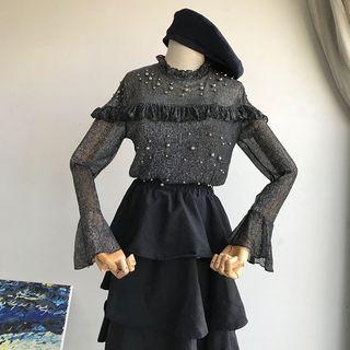 Beaded Glitter Long-sleeve Chiffon Blouse