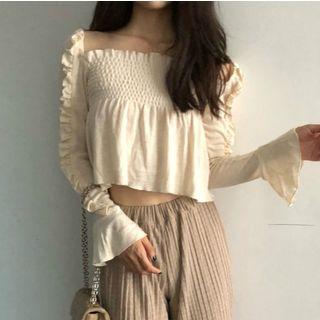 Ruffle Trim Long-sleeve Top Almond - One Size