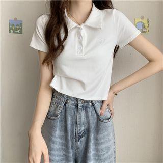 Short-sleeve Heart Embroidered Polo Shirt White - One Size