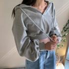 V-neck Balloon-sleeve Cropped Hoodie
