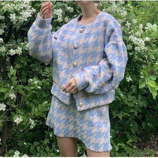 Set: Houndstooth Button-up Jacket + A-line Skirt