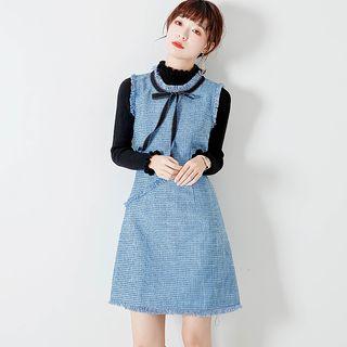 Long-sleeve Mock-neck Knit Top / Tweed A-line Pinafore Dress / Set