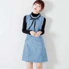 Long-sleeve Mock-neck Knit Top / Tweed A-line Pinafore Dress / Set