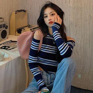 Striped Cold-shoulder Long-sleeve Cropped Top Blue - One Size