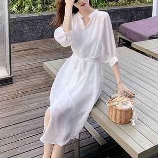 Set: Short-sleeve Plain Dress + Camisole