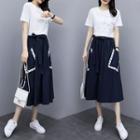 Set: Pocket Detail Short-sleeve T-shirt + Midi A-line Skirt