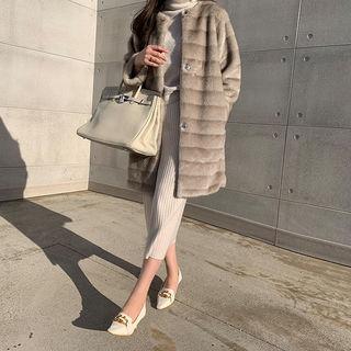 Tiered Eco-fur Coat & Sash Dark Beige - One Size